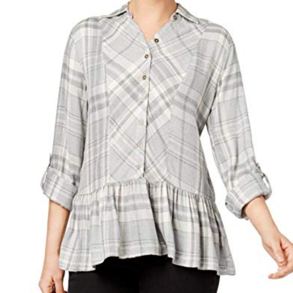 Style & Co Plaid Flannel Peplum Top Size XL Grey